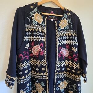 EUC Johnny Was Floral Embroidered Open Cardigan XS